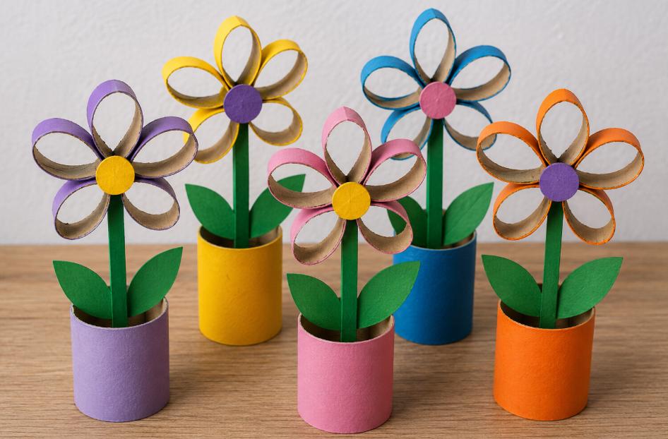 Bunte Blumen aus Klorollen gebastelt