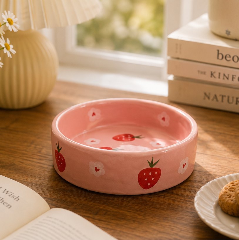 Rosa Keramikschale bemalt mit roten Erdbeeren und kleinen weißen Blüten