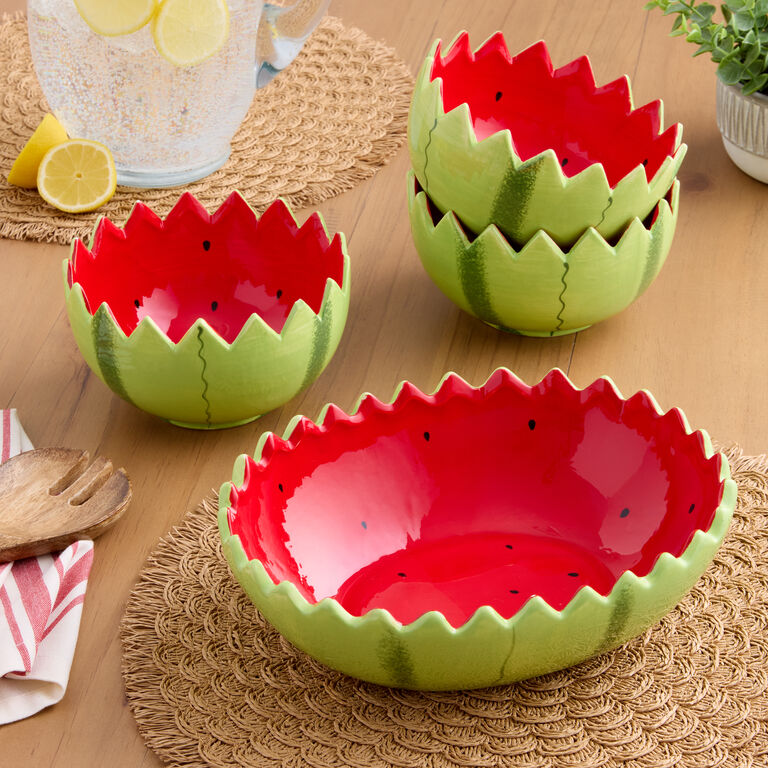 Keramikschüsseln im Wassermelonen-Design mit roter Innenseite und grüner Schale