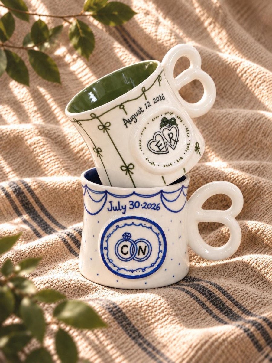 Zwei weiße Keramiktassen im Vintage-Stil bemalt mit geschwungenen Rahmen, Initialen, Herzen und Hochzeitsdatum