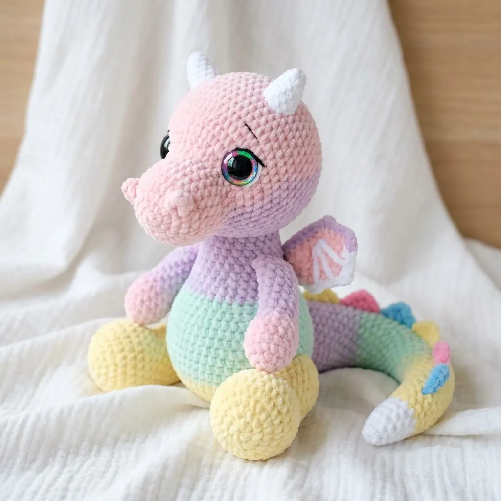 Pastellfarbener gehäkelter Drache in Rosa, Lila, Mint und Gelb mit großen Glitzeraugen