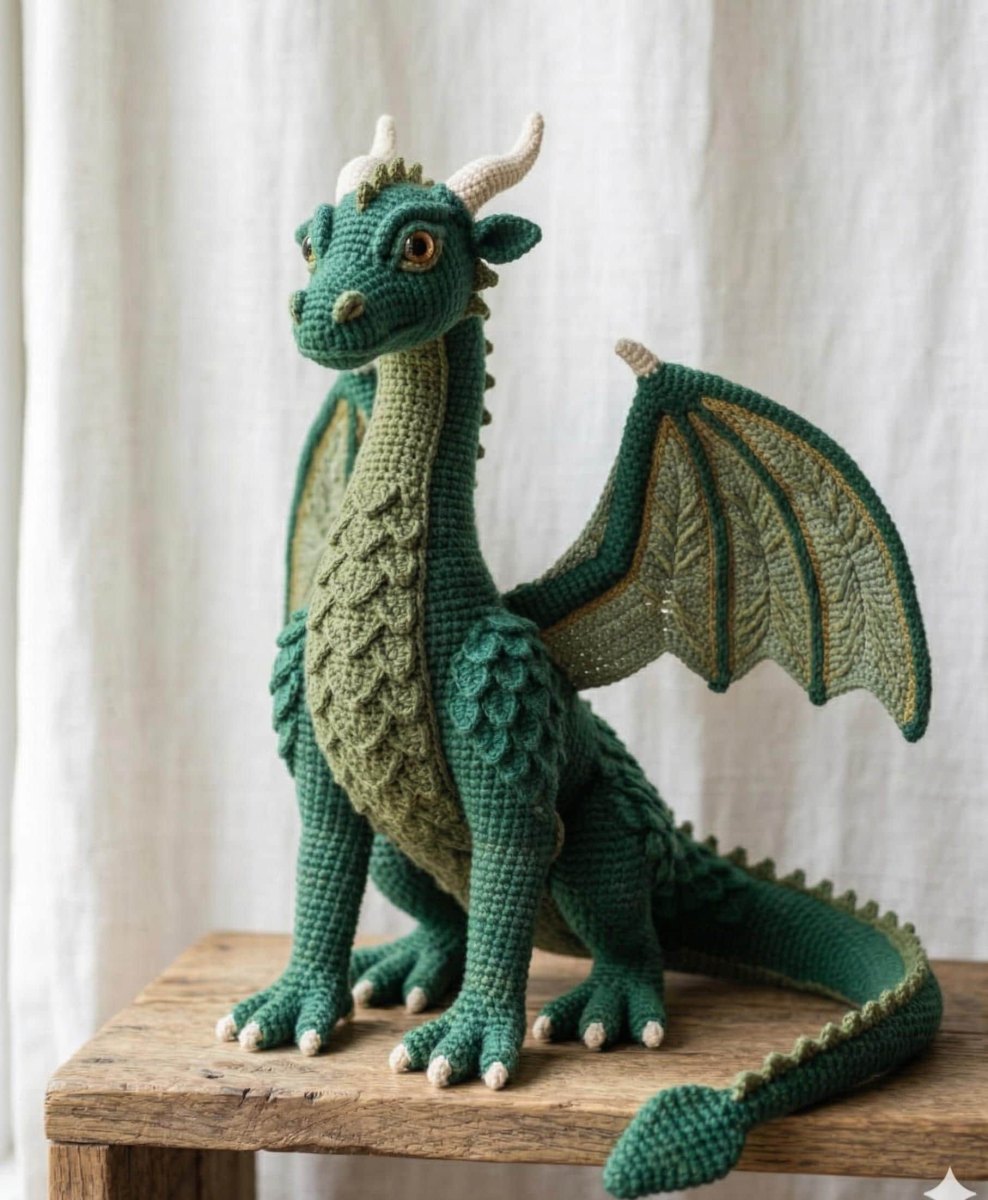 Dunkelgrüner majestätischer Fantasy-Häkeldrache mit großen strukturierten Flügeln auf einem Holztisch