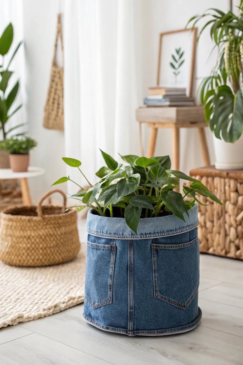 Pflanzenübertopf aus Jeansstoff