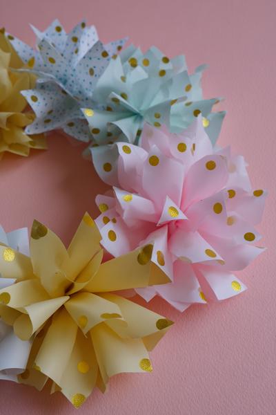 1. Papierblüten-Wandkranz für Basteln für Kindergärtner Frühling in Pastell und Goldpunkten