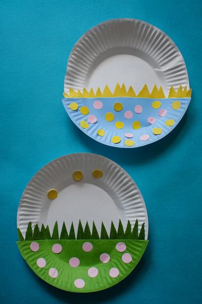 9. Osterkörbchen aus Papptellern für Basteln für Kindergärtner Ostern mit Wiesenrand und Punkten