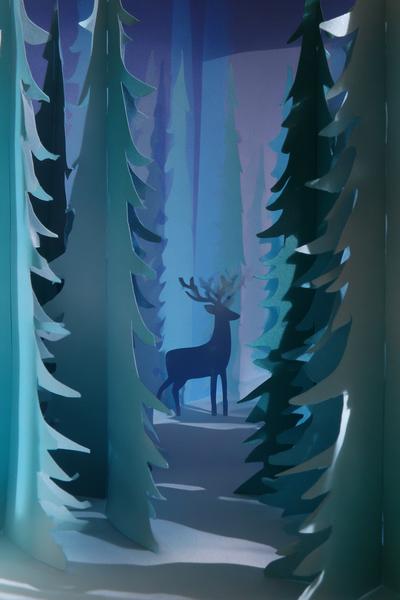 24. Papier-Diorama Winterwald für Basteln mit Kindern Weihnachten Papier mit Schichtkulissen und Schatteneffekt