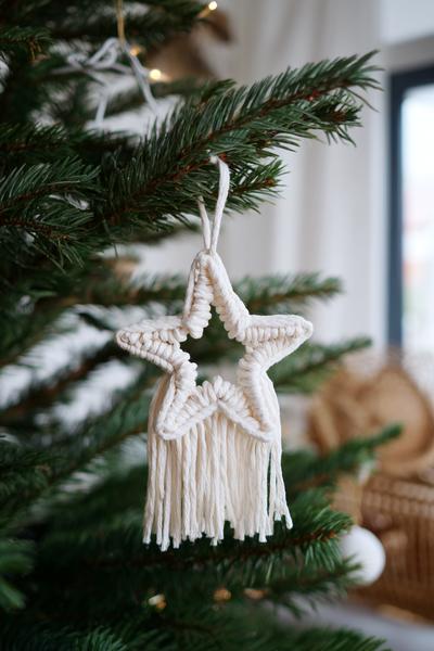 29. Holzring-Makramee-Stern für Basteln mit Kindern Weihnachten Holz mit Fransen und Naturweiß