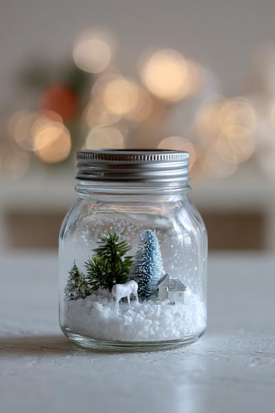 9. Mini-Schneekugel im Schraubglas für Basteln und Selbermachen Weihnachten auf dem Sideboard