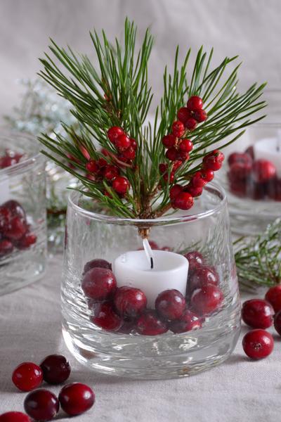 22. Kerzenhalter im Glas mit Tannenzweig und Cranberries beim for basteln weihnachten gläser ideas