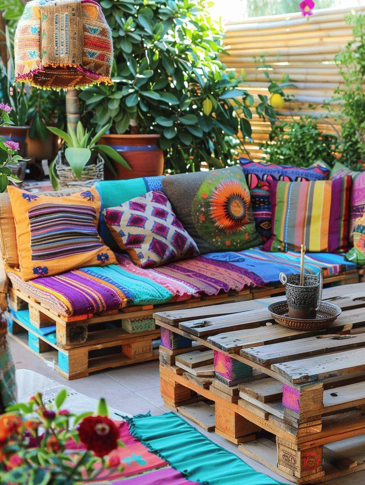 Boho Palettensofa bunte Kissen