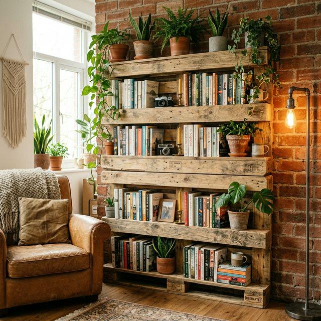 Palettenregal mit Büchern und Dekoration