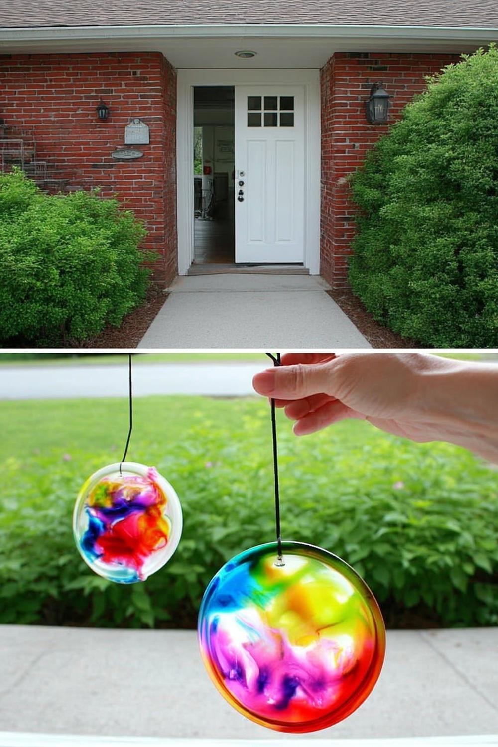 Farbenfrohe Kugeln vor Hauseingang