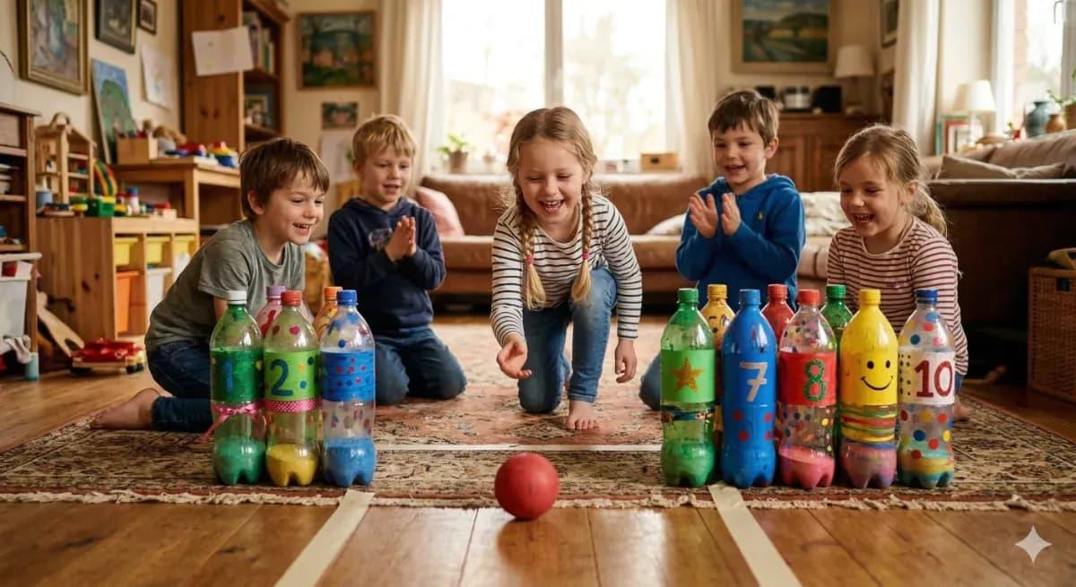 Fünf Kinder im Wohnzimmer spielen Kegeln mit bunt gefüllten und beklebten Plastikflaschen mit Zahlen und einem Smiley, ein roter Ball rollt auf die Flaschen zu