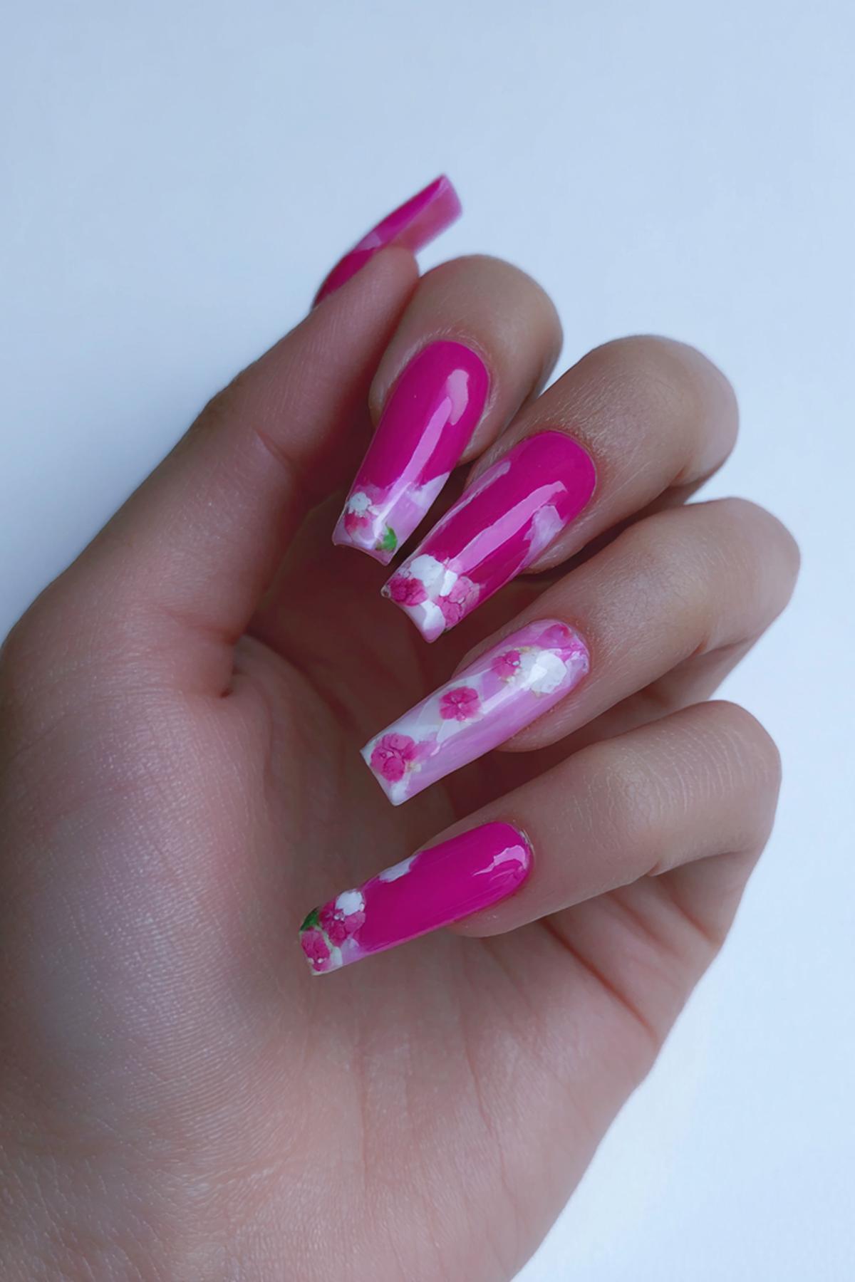 Pink Square Nägel Mit Blüten