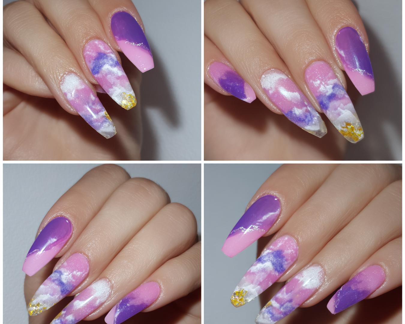 Lila Rosa Wolken Nägel Goldfolie