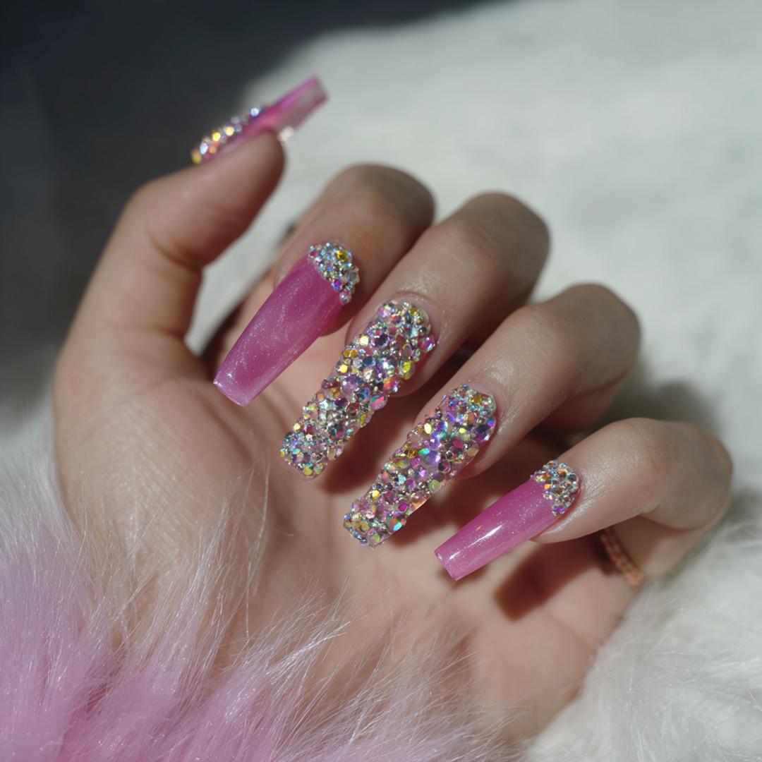 Pink Square Nägel Voll Strass