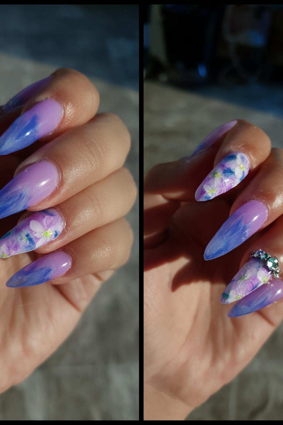 Lila Blau Stiletto Nägel Blumen