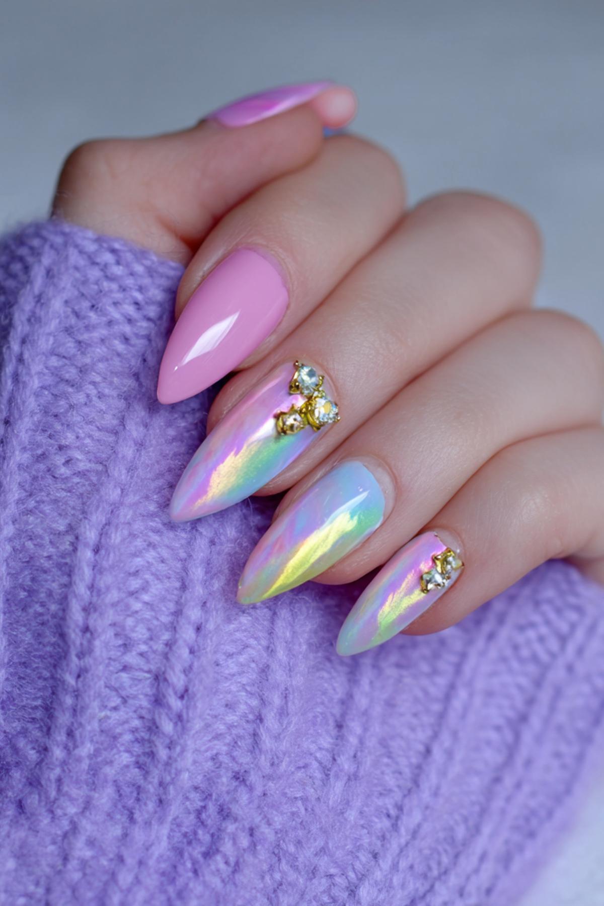 Almond Nägel Pastell Chrom Strass