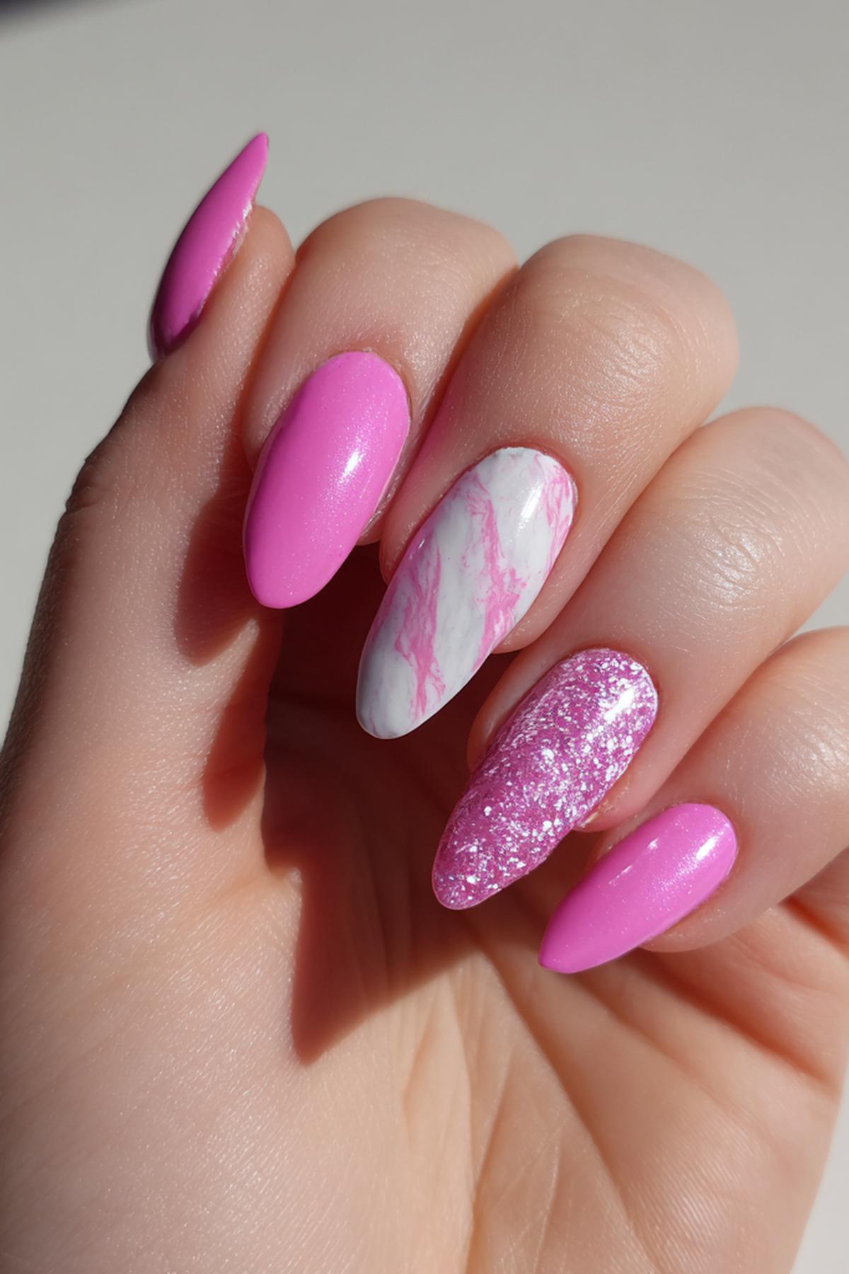 Almond Nägel Pink Marmor Glitzer