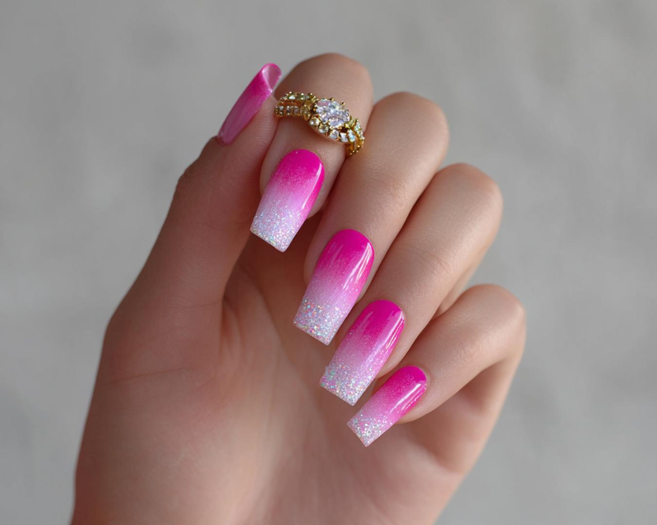 Quadratische Nägel Pink Weiß Ombre