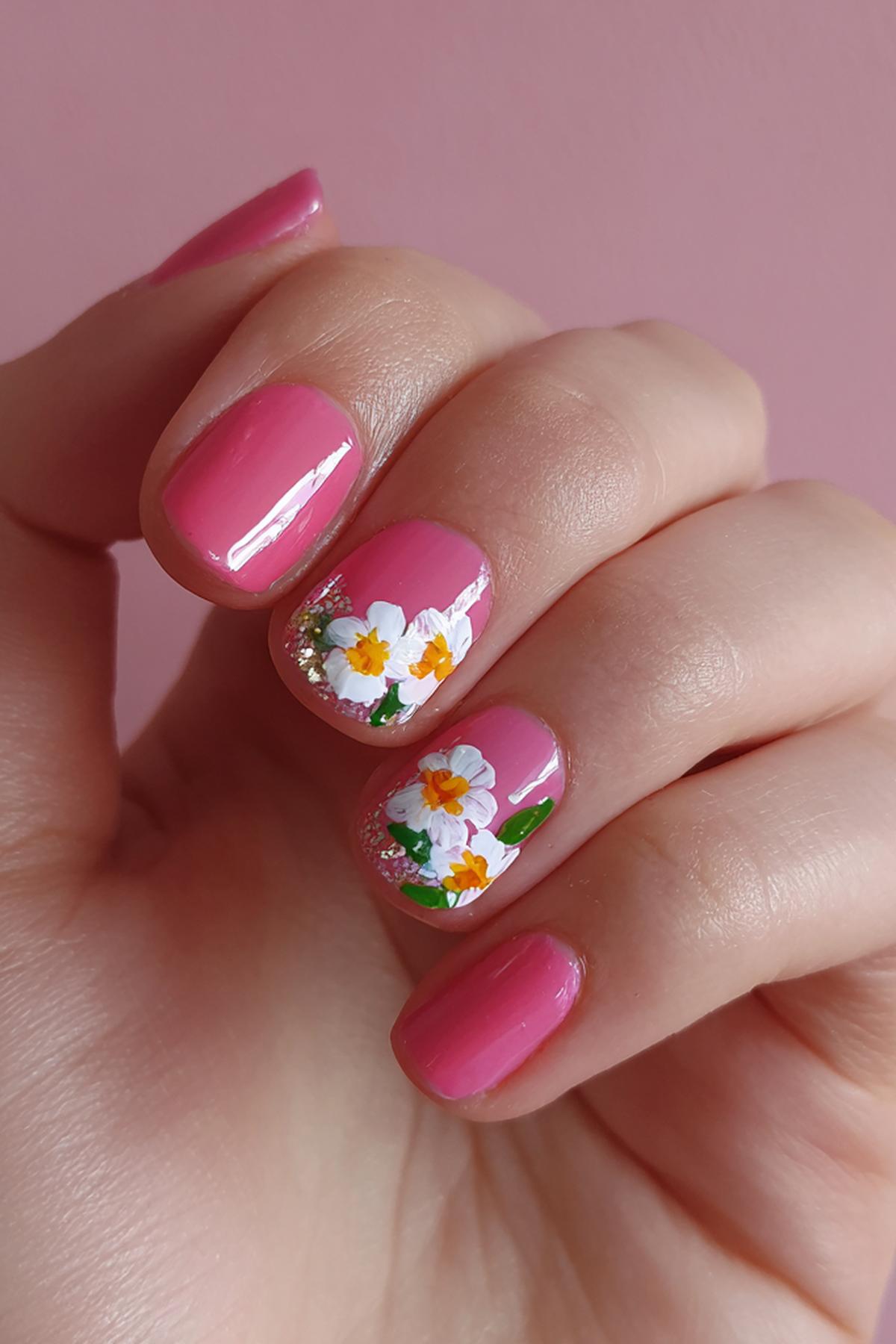 Kurze Rosa Nägel Gänseblümchen
