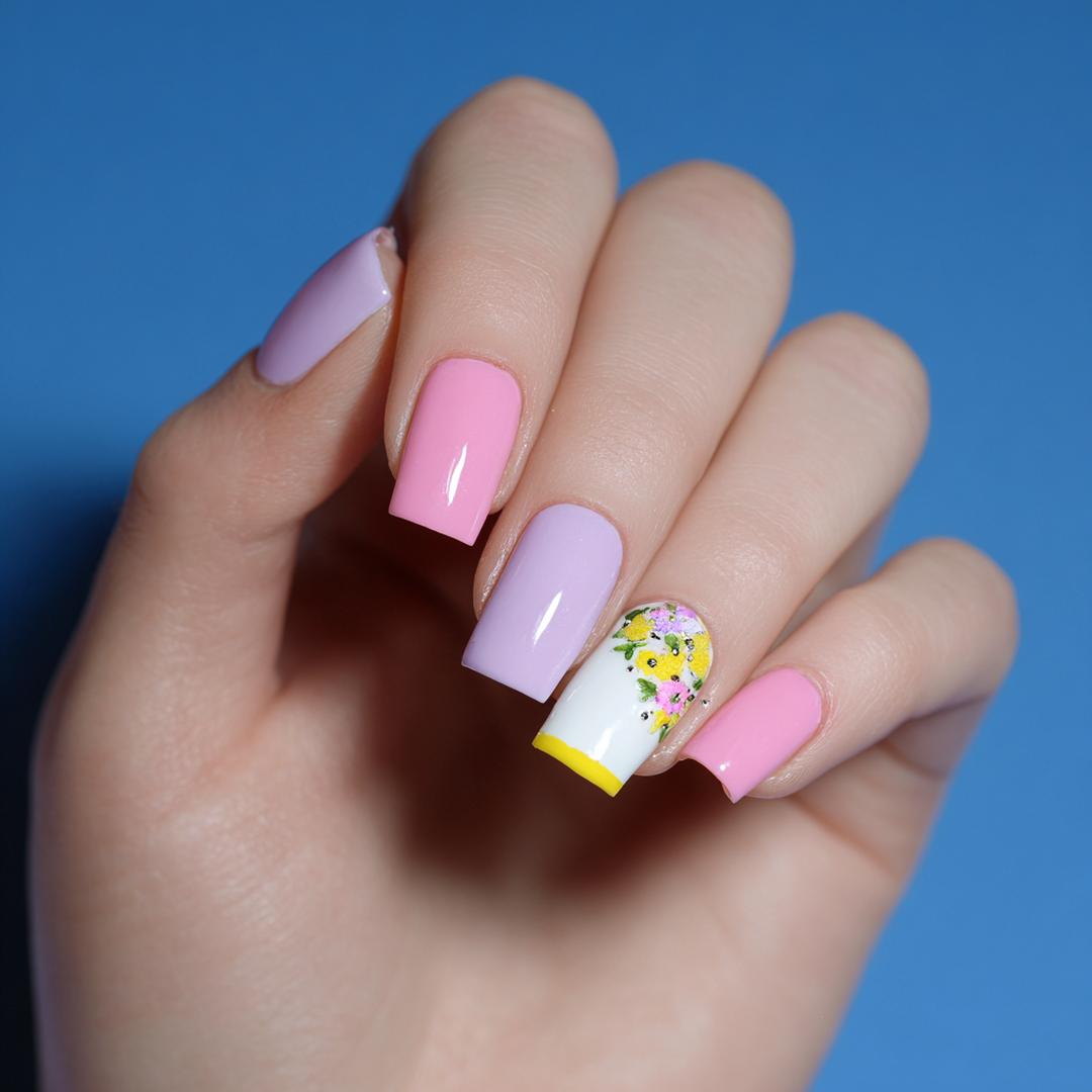 Quadratische Nägel Pastell Blumen Akzent
