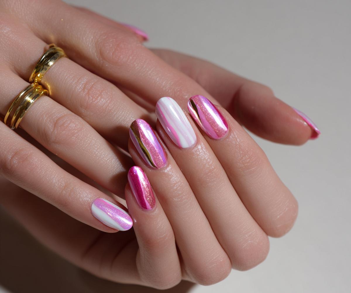 Mandel Nägel Pink Weiß Streifen