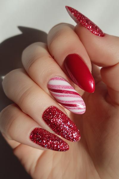 10. Rotglitzer-Akzentnägel als nageldesign silvester glitzer rot mit Candy-Cane-Swirl