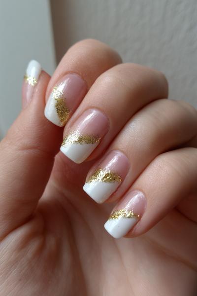 4. Diagonal-French in Weiß und Gold als nageldesign silvester einfach und modern