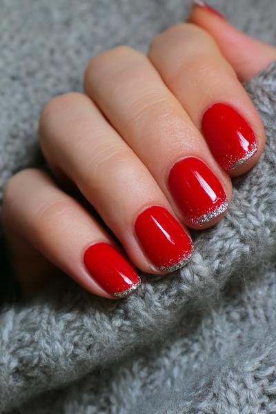 6. Rubinrote Lacknägel als nageldesign silvester rot mit feinem Glitterrand