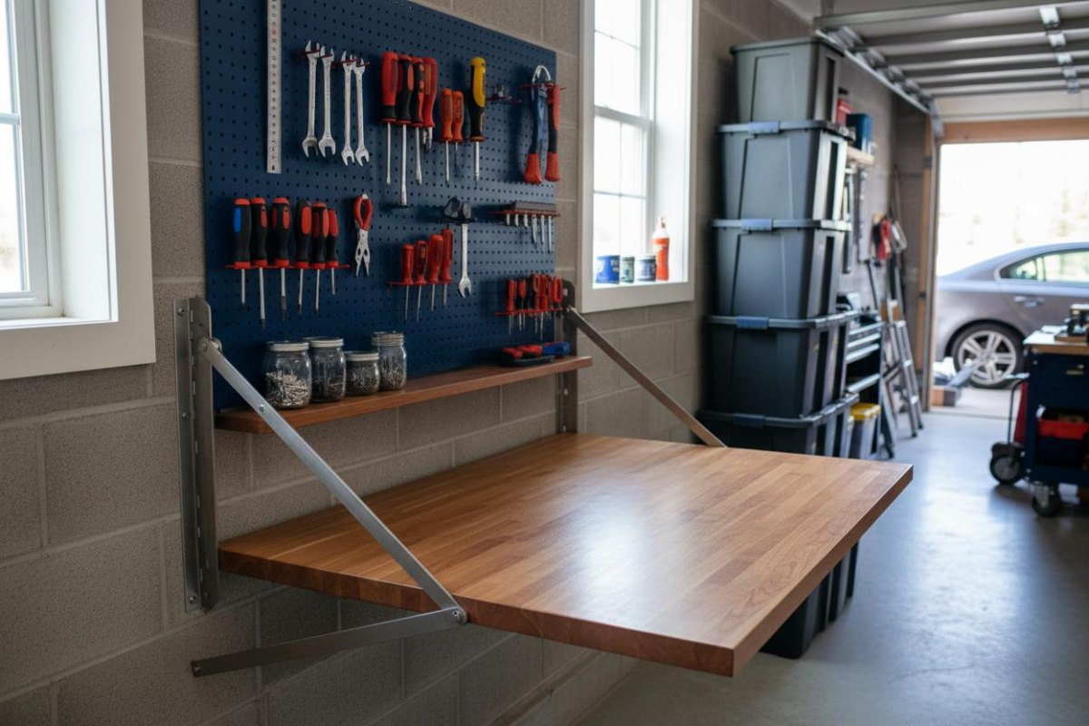 Klappbare Werkbank an Garagenwand