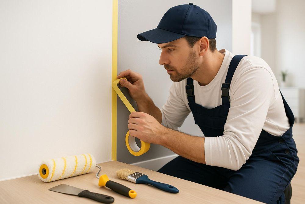 Maler klebt Wandkanten sauber ab