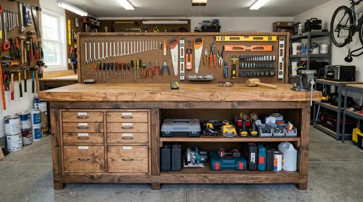 Werkbank in Kellerwerkstatt mit Werkzeugen